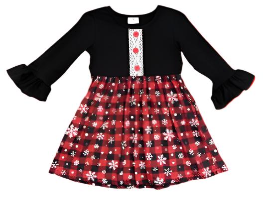 Buffalo Check Snowflake Ruffle Dress, Milk Silk