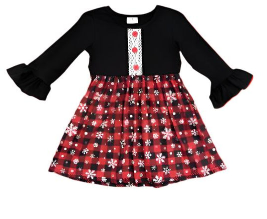 Buffalo Check Snowflake Ruffle Dress, Milk Silk