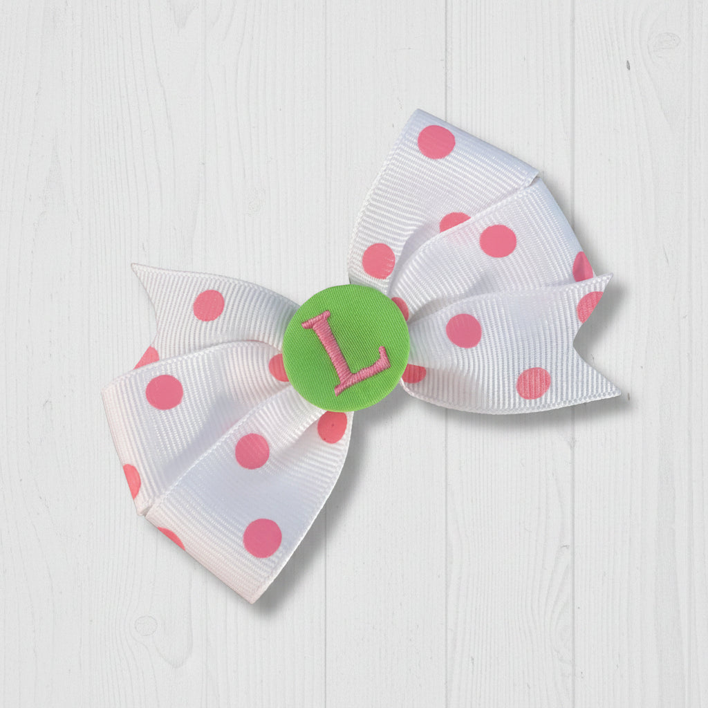 White/Pink Small Polka Dot Initial Hair Bows, Clip, Personalized, pinwheel