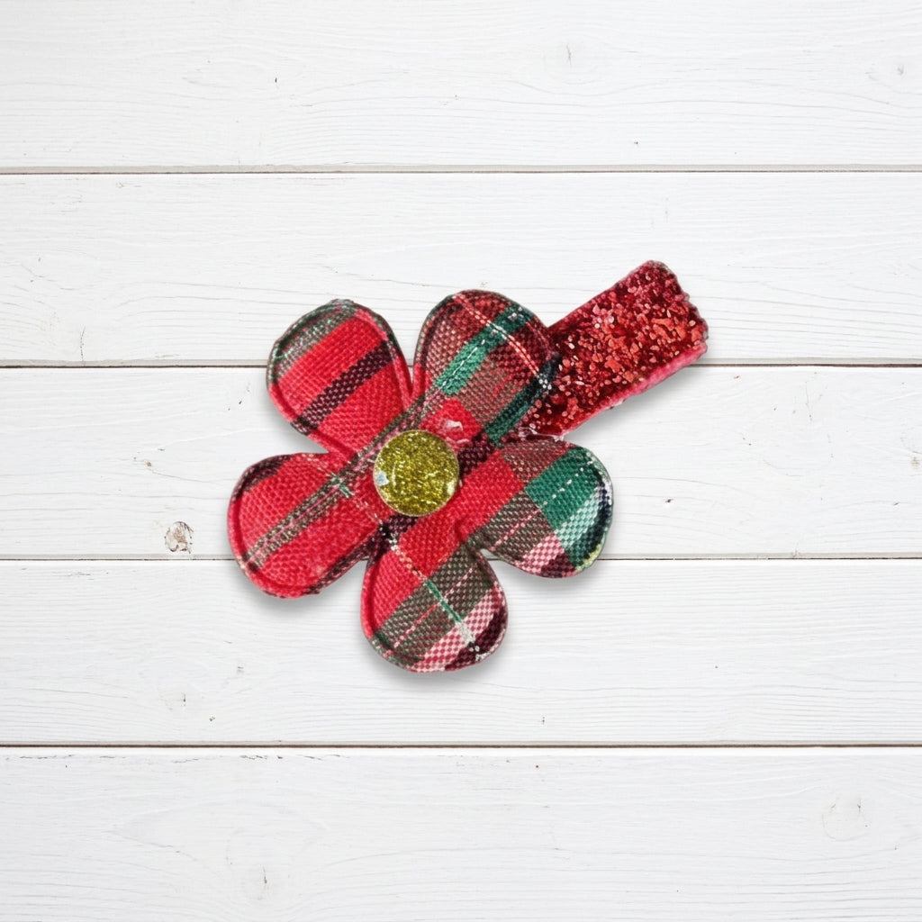 Red Tartan Plaid Flower Hair Clip, holiday, girl