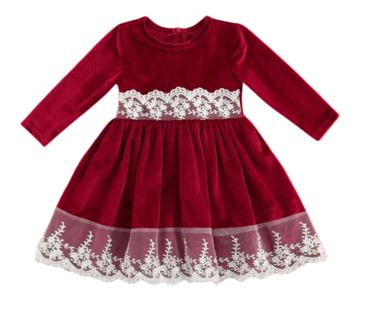 Velvet & Lace Stretch Dark Red Dress, girls, holiday, wedding. Valentine's, Christmas