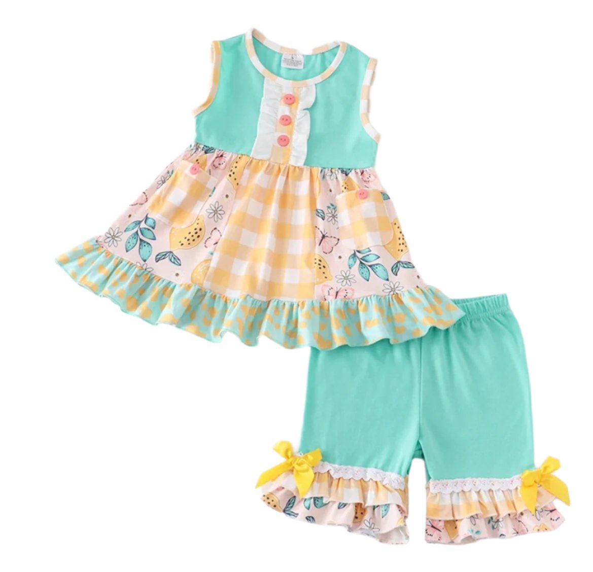 Aqua Blue & Yellow Floral & Check Ruffle Short Set