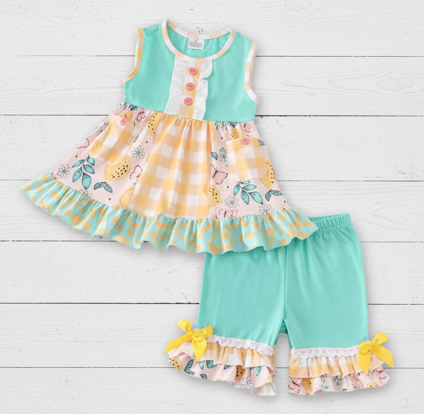 Aqua Blue & Yellow Floral & Check Ruffle Short Set