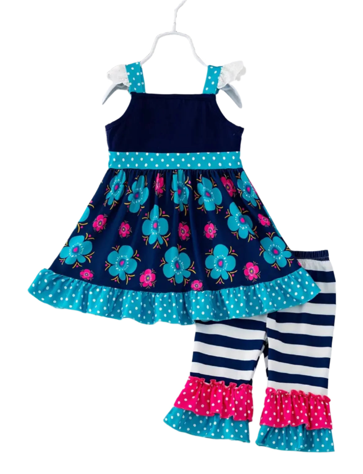 Flower & Striped Blue Capri Set, Milk Silk, Girl's, Toddler, outfit
