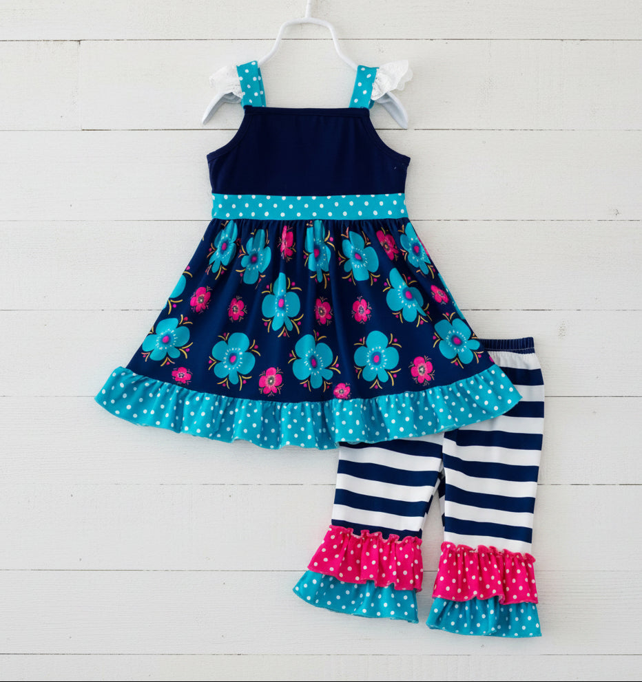 Flower & Striped Blue Capri Set, Milk Silk, Girl's, Toddler, outfit