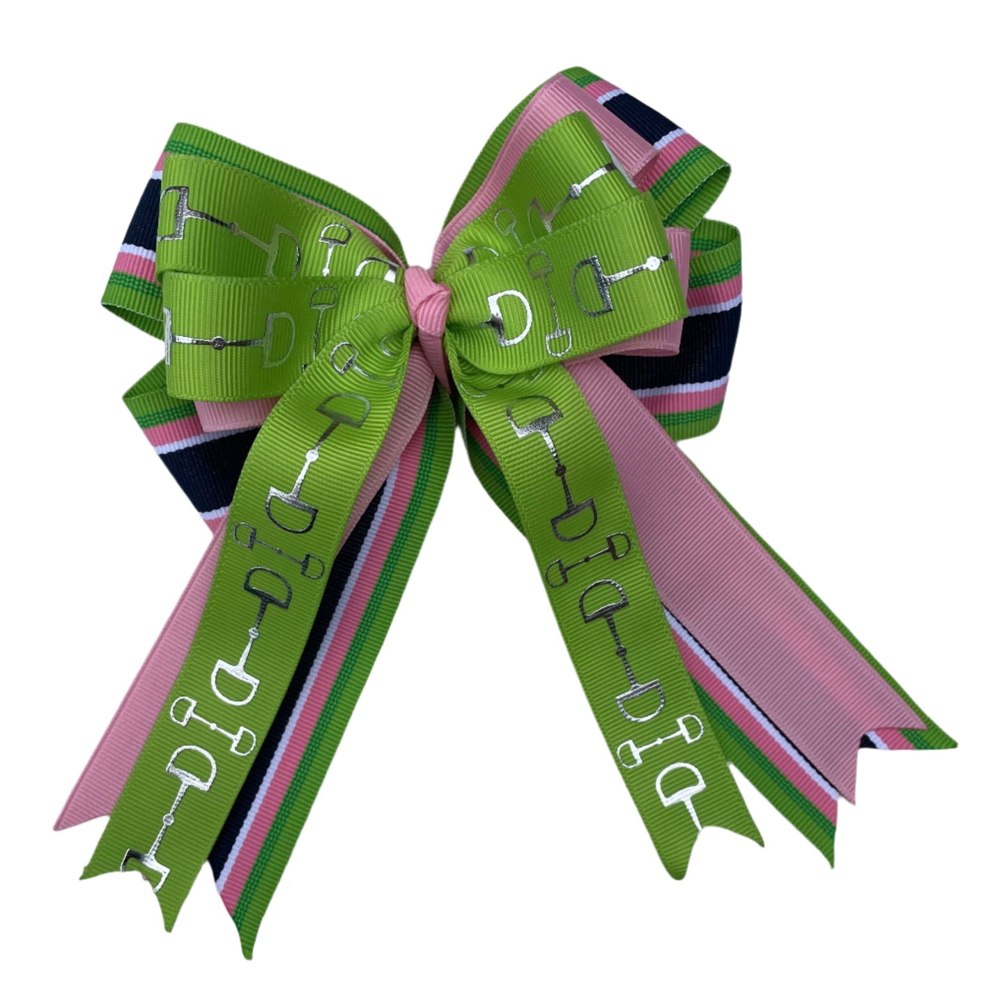 Equestrian Hair Bow, Tails, Horse Show, Navy, Green & Pink