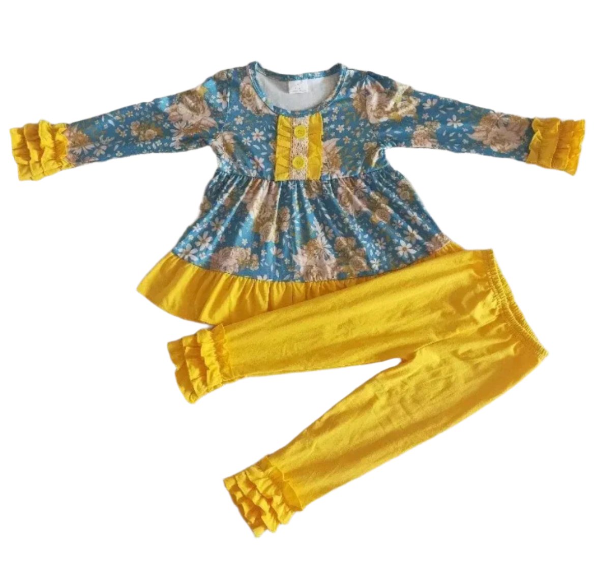 Yellow & Blue Floral Ruffle Outfit, girl's, kids, clothing, set
