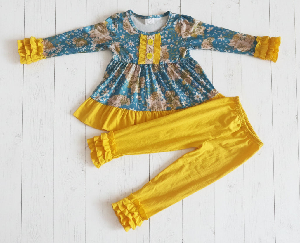 Yellow & Blue Floral Ruffle Outfit, girl's, kids, clothing, set