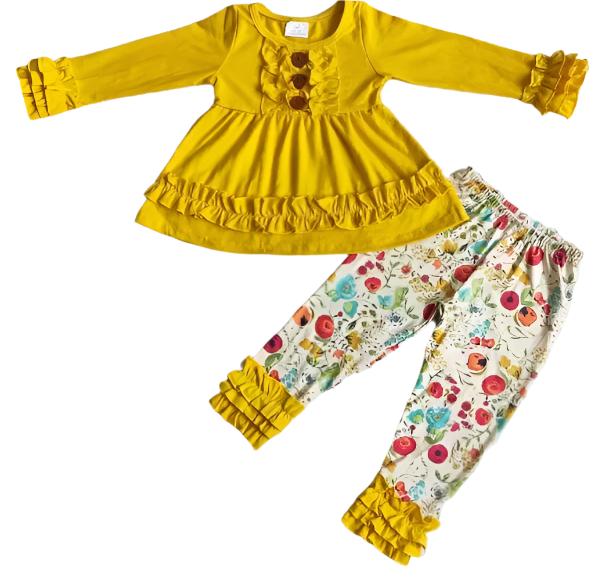 Yellow Floral Ruffle Outfit, girl's, Set, Back to School, kids
