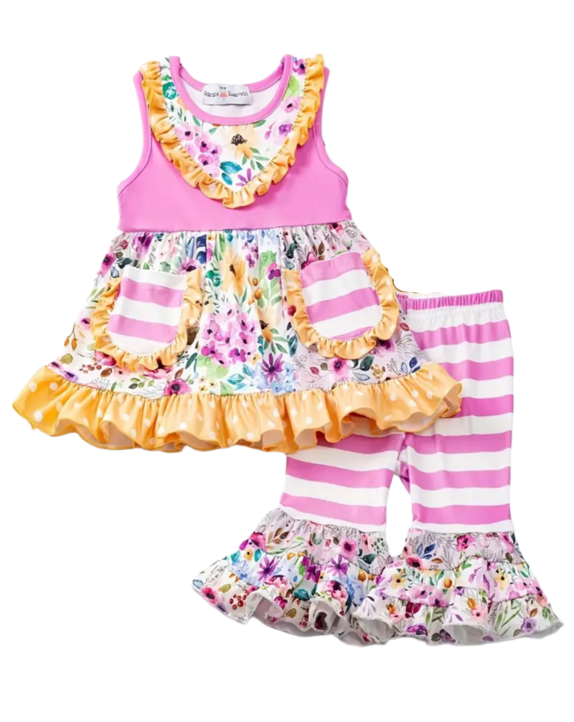 Pink & Yellow Ruffle Flower Outfit, girl's, stripes, Milk Silk, kids / SALE