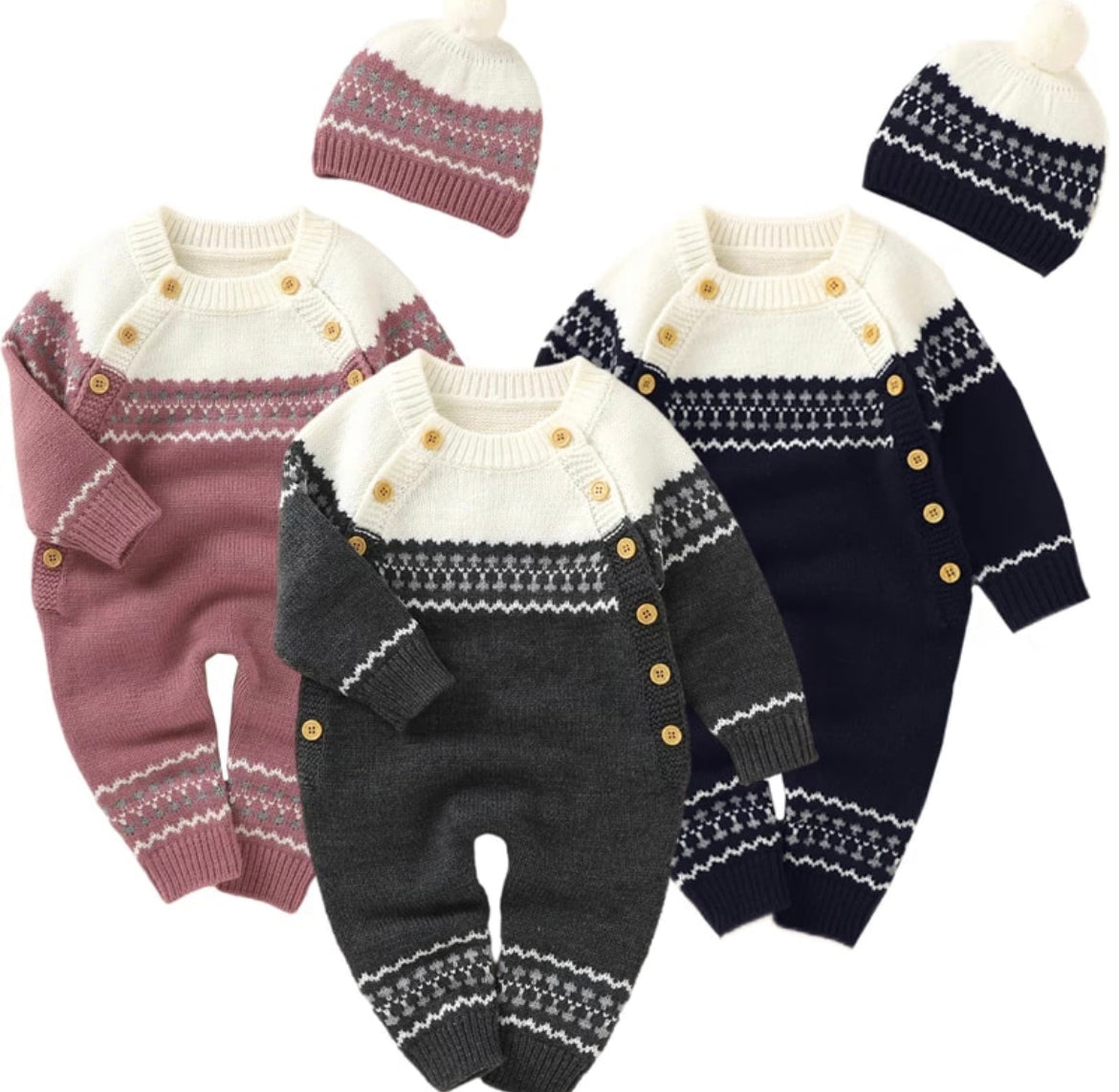 Knit Unisex Romper with Matching Hat, Set, Kids, Winter