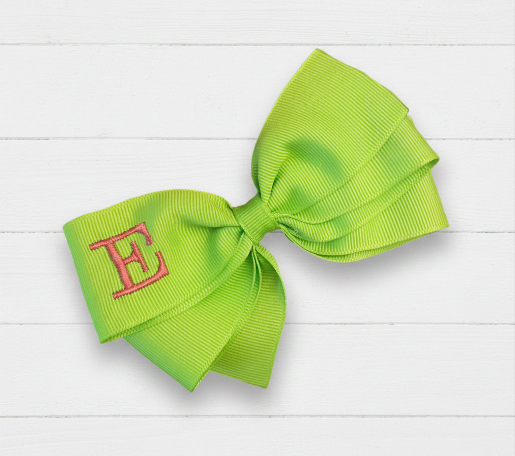 Apple Green Monogrammed Hair Bow w/Pink Initial, Personalized