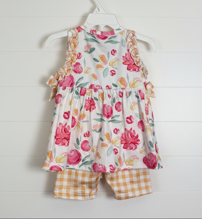 Yellow Checks & Flowers Ruffle Short Set, girls, kids, clothing