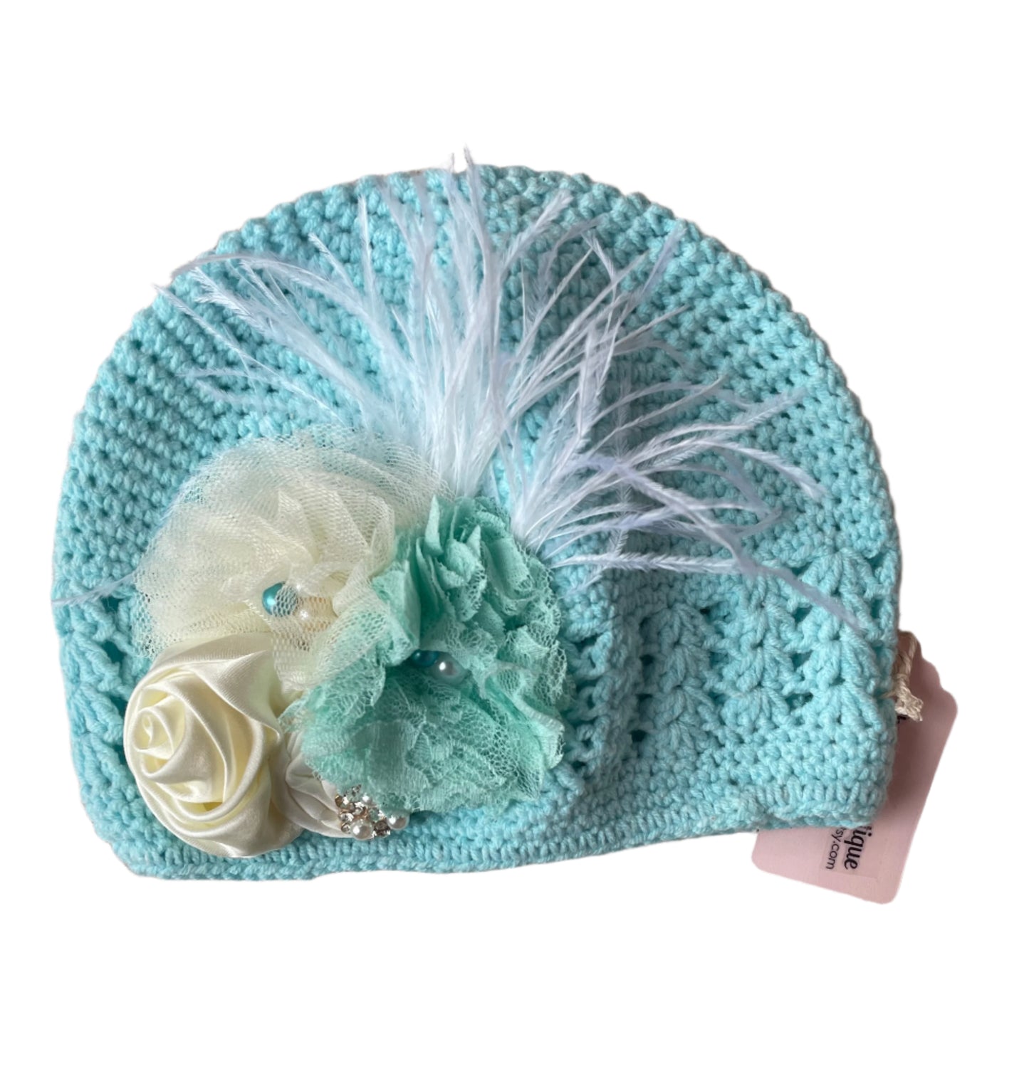 Boutique Robin's Egg Blue Knit Hat, Cap, Girl, Flower