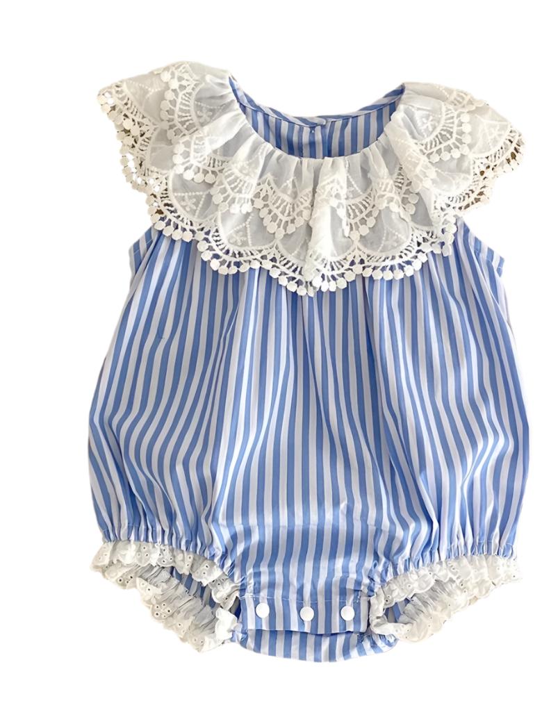 Blue & White Striped Lace Collar Romper, baby, girl, kids