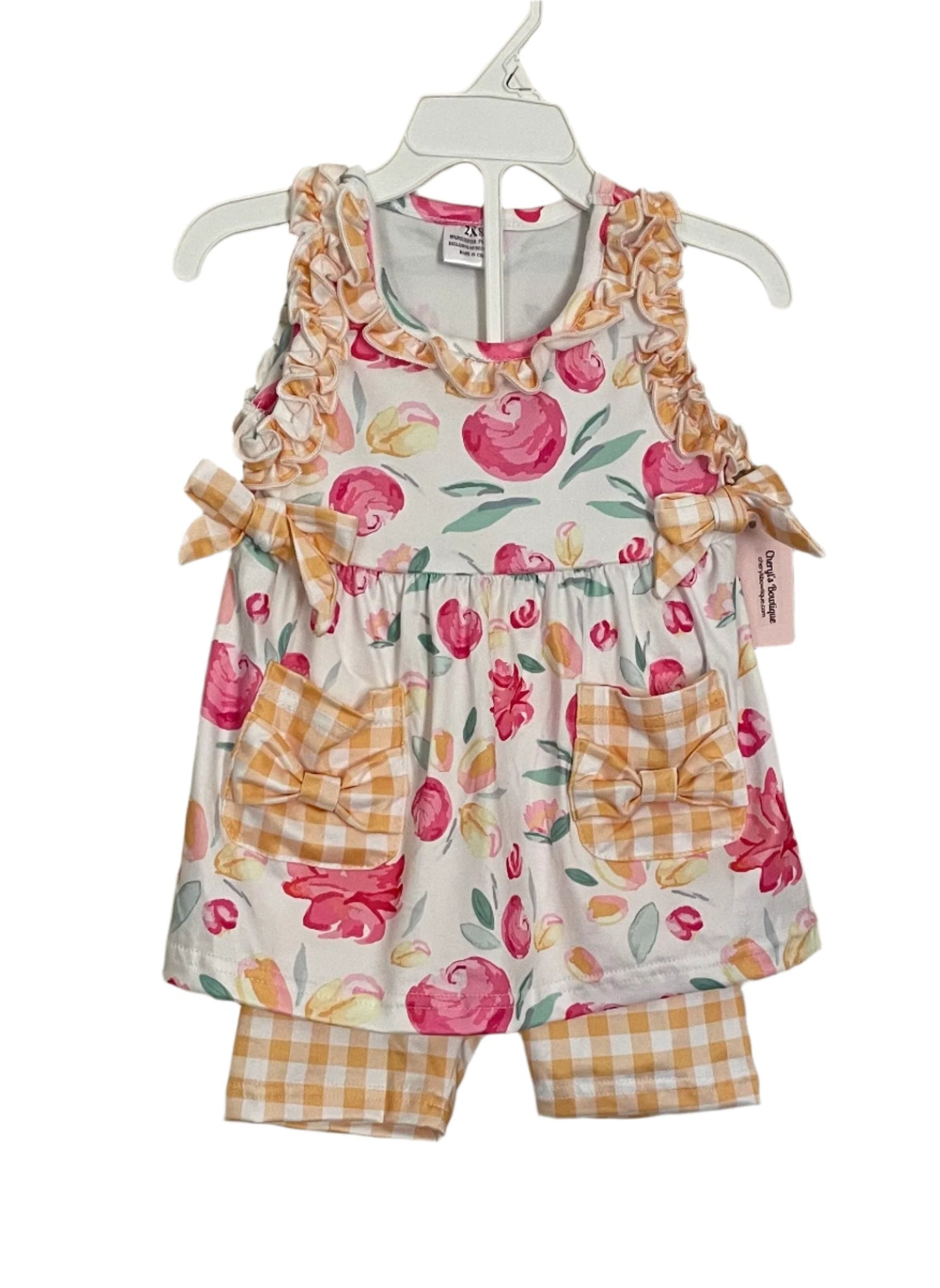 Yellow Checks & Flowers Ruffle Short Set, girls, kids, clothing / SALE