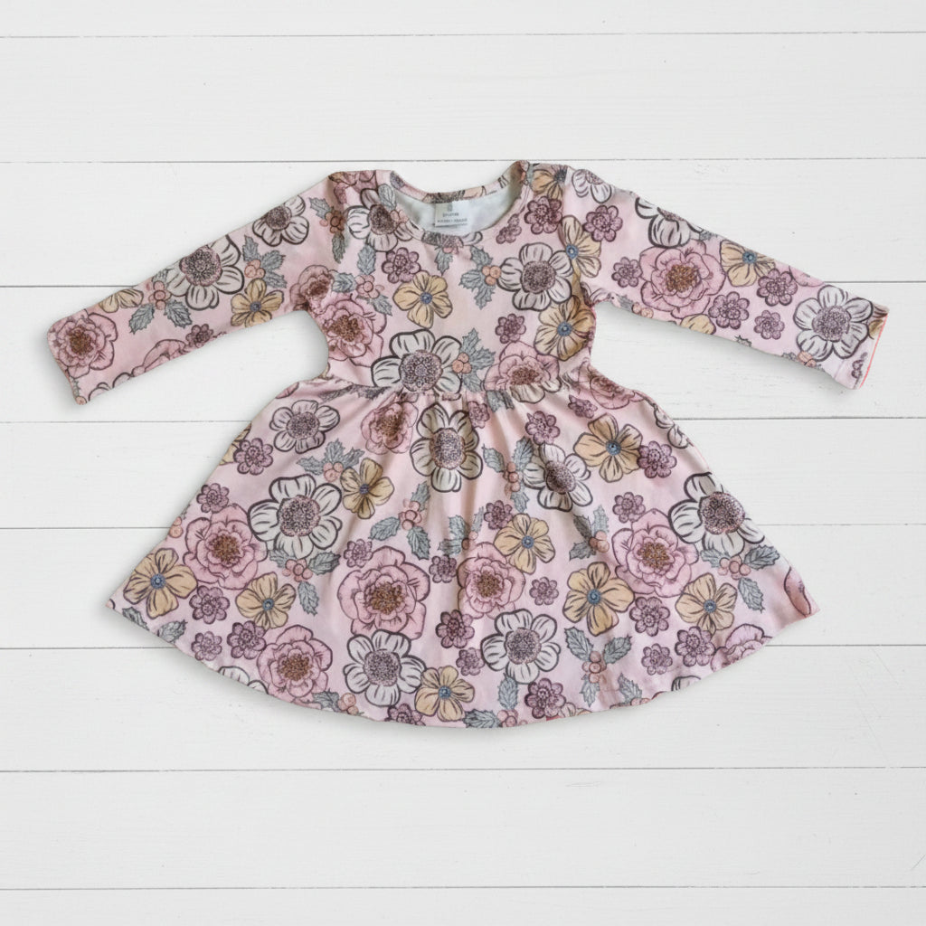 Pink Flower Twirl Dress, Milk Silk, girl, kids, long sleeve