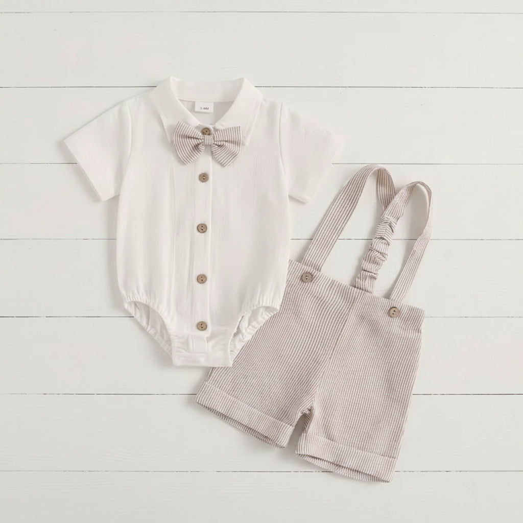 Khaki Seersucker Short Set Outfit, kids, clothing, set, overalls, bow tie