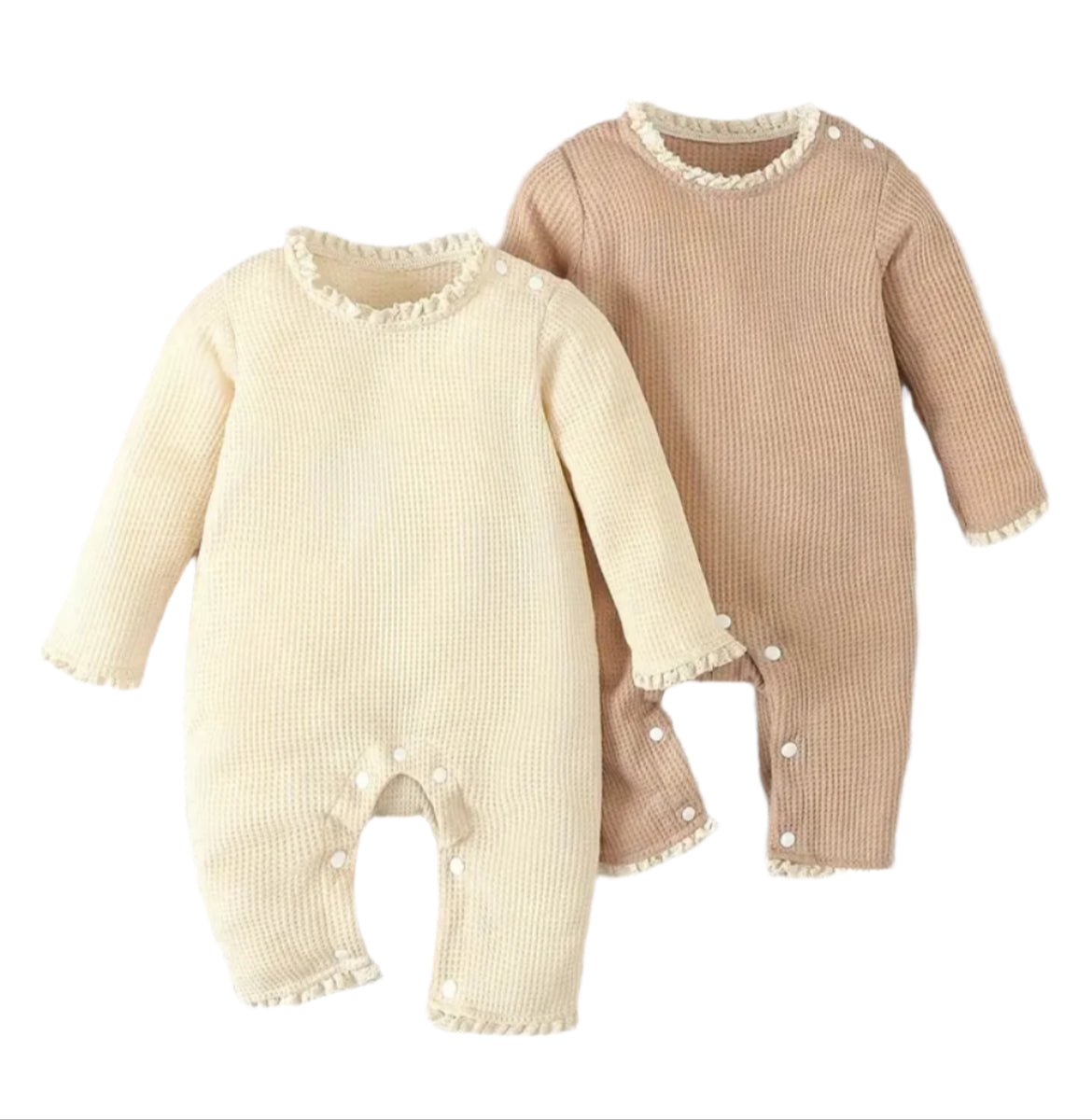 Cream or Tan Waffle Texture Romper with Lace Trim, baby, infant, clothing