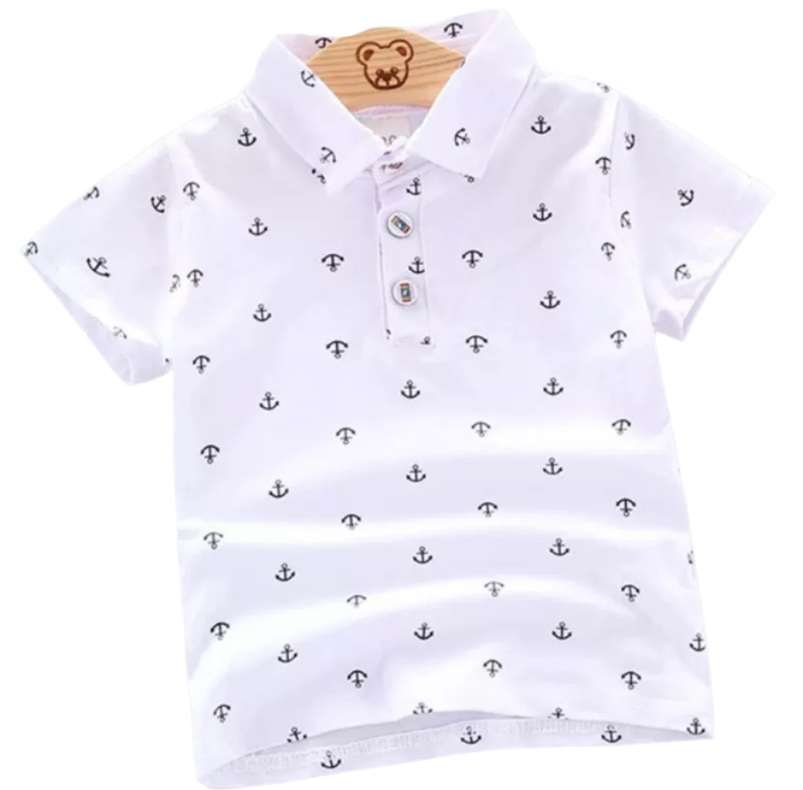 Anchor Print White Polo Short Sleeve Shirt, top, kids, toddler