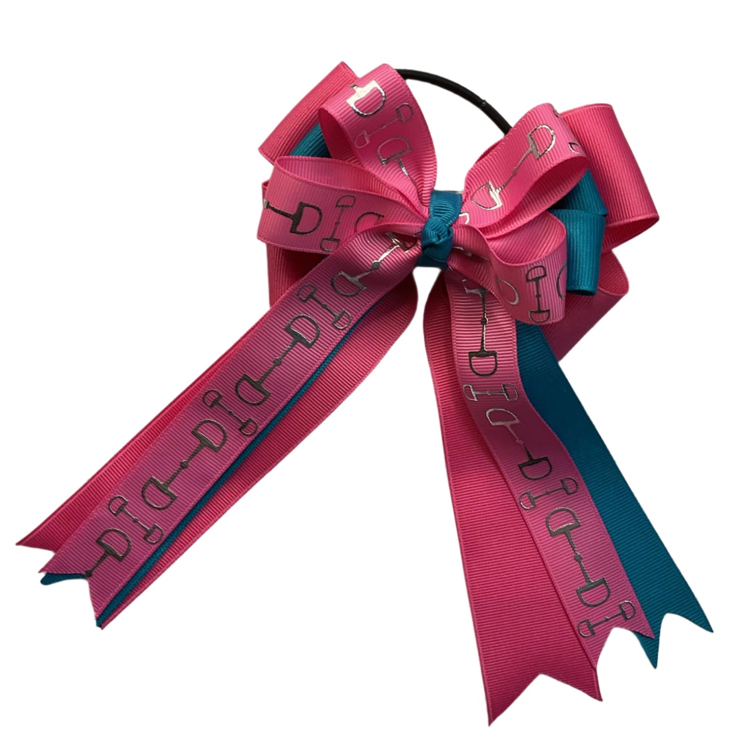 Equestrian Hair Bow, Tails, Horse Show, Turquoise Blue, Pink, snaffle bit
