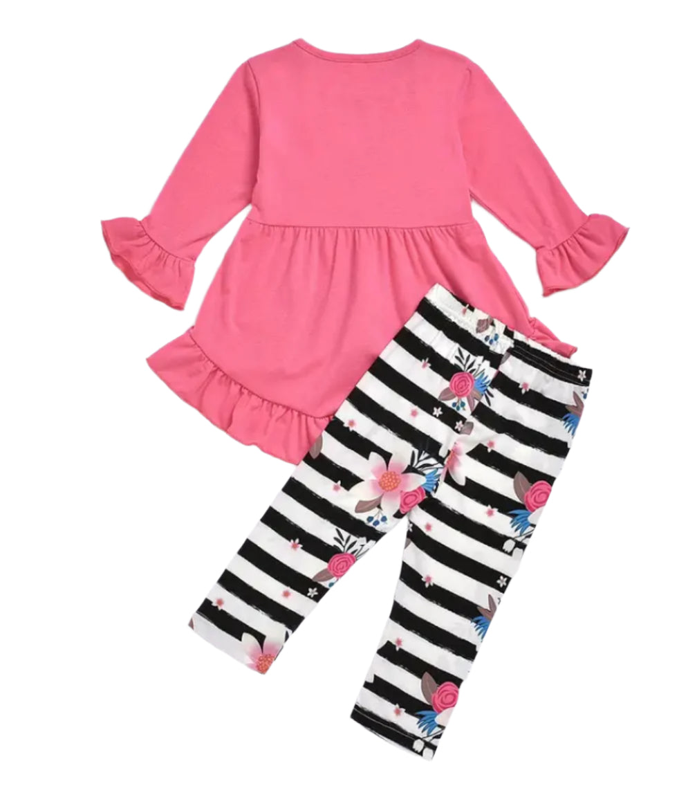 Pink Roses & Stripes Ruffle Outfit, girl, set, leggings, top, kids