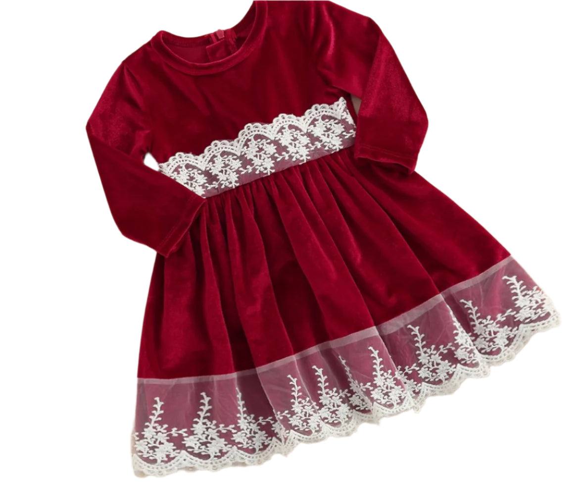 Velvet & Lace Stretch Dark Red Dress, girls, holiday, wedding. Valentine's, Christmas