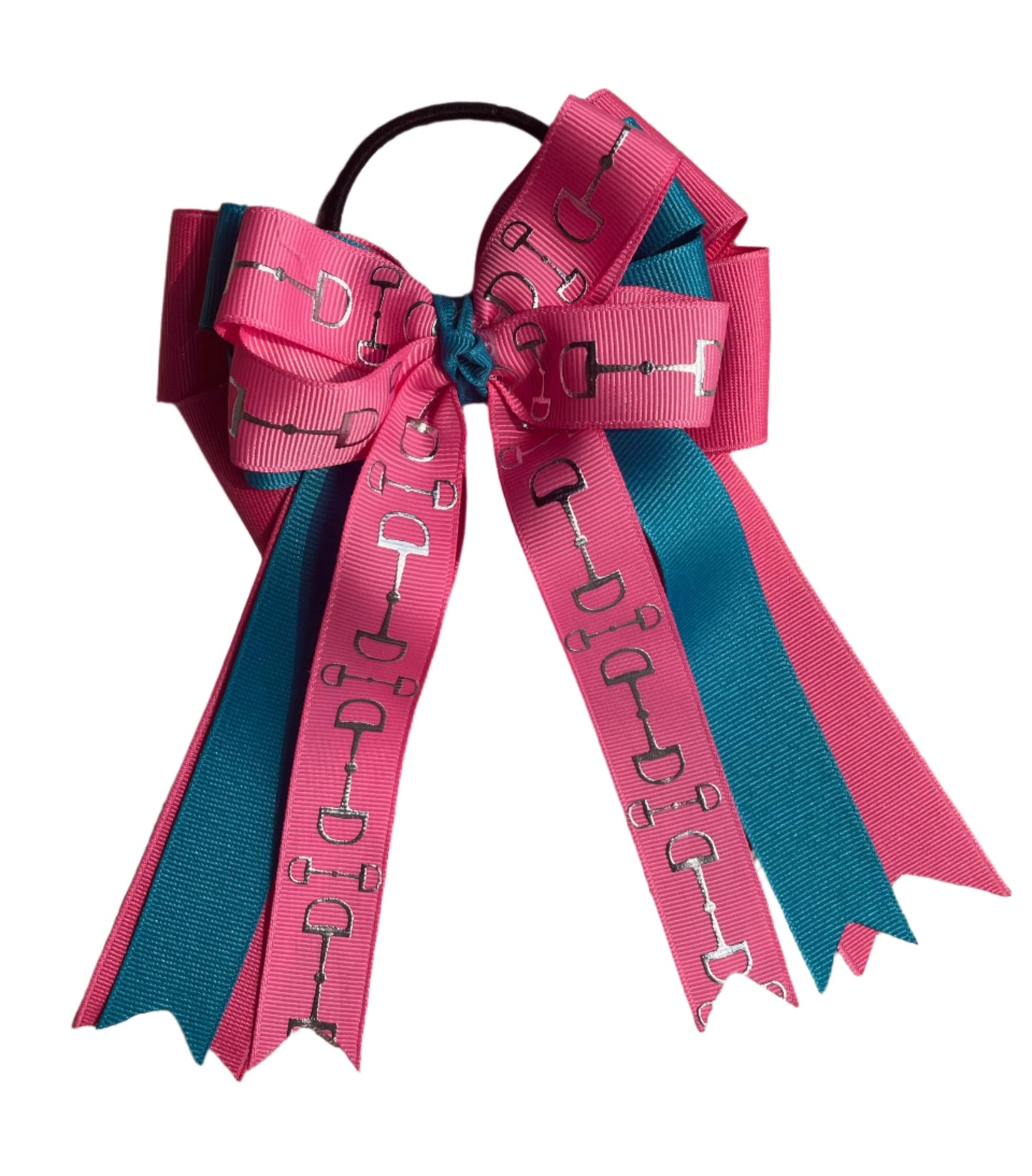 Equestrian Hair Bow, Tails, Horse Show, Turquoise Blue, Pink, snaffle bit