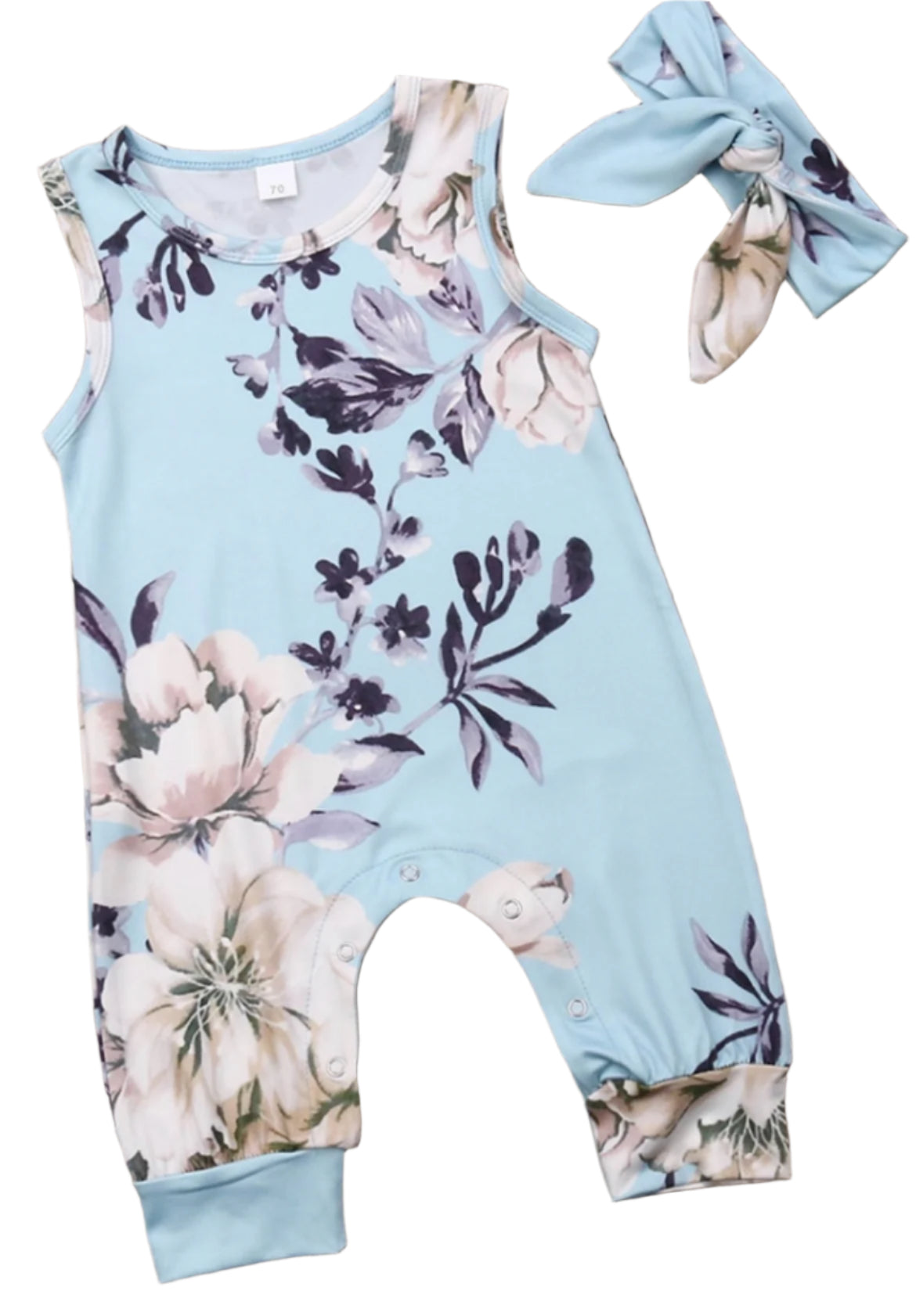 Blue Romper w/Tan & White Flowers & Headband, Infant, Toddler / SALE