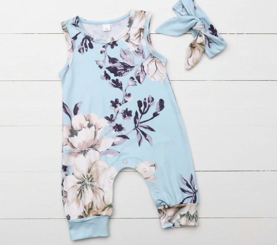 Blue Romper w/Tan & White Flowers & Headband, Infant, Toddler