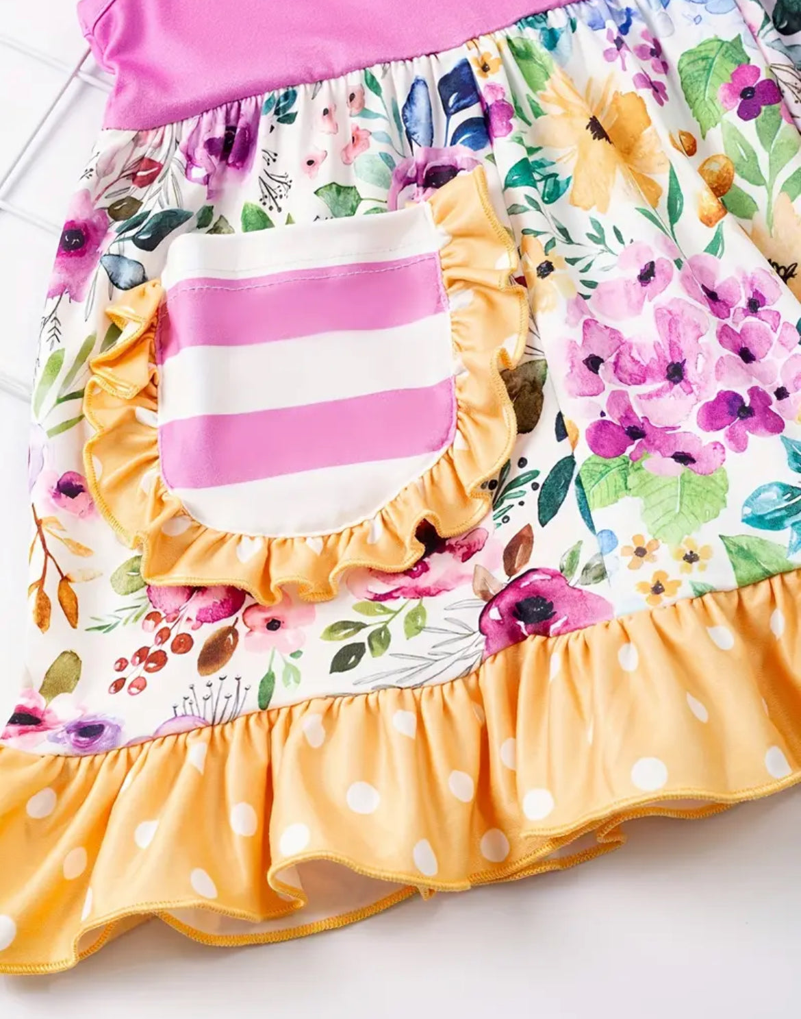 Pink & Yellow Ruffle Flower Outfit, girl's, stripes, Milk Silk, kids / SALE