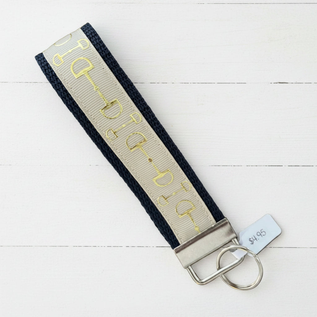 Blue & Tan Snaffle Bit Print Key Fobs, wristlet, purse, keychain, equestrian
