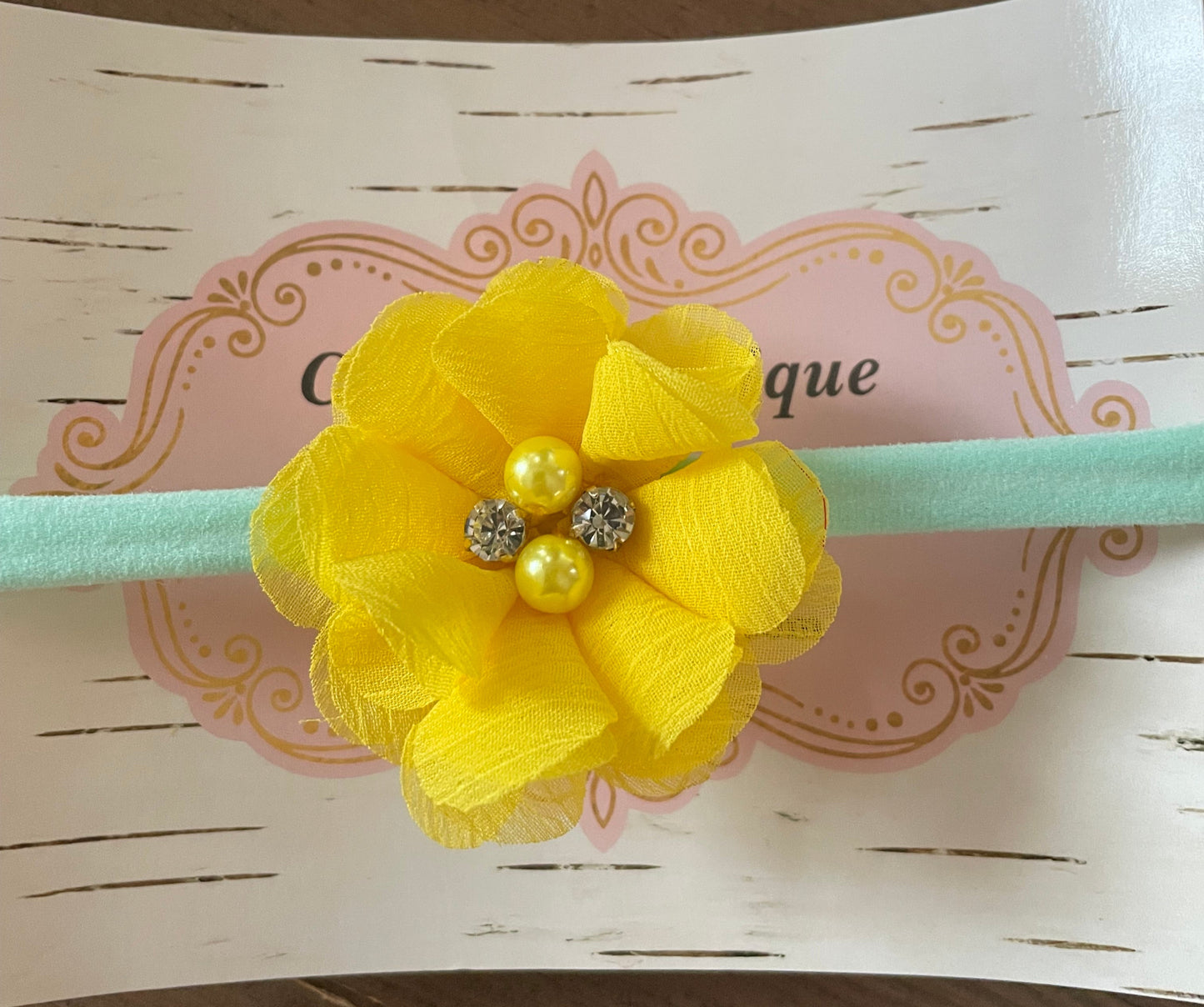 Yellow Flower on Sea Foam Blue Nylon Headband, girl, stretch, baby, child