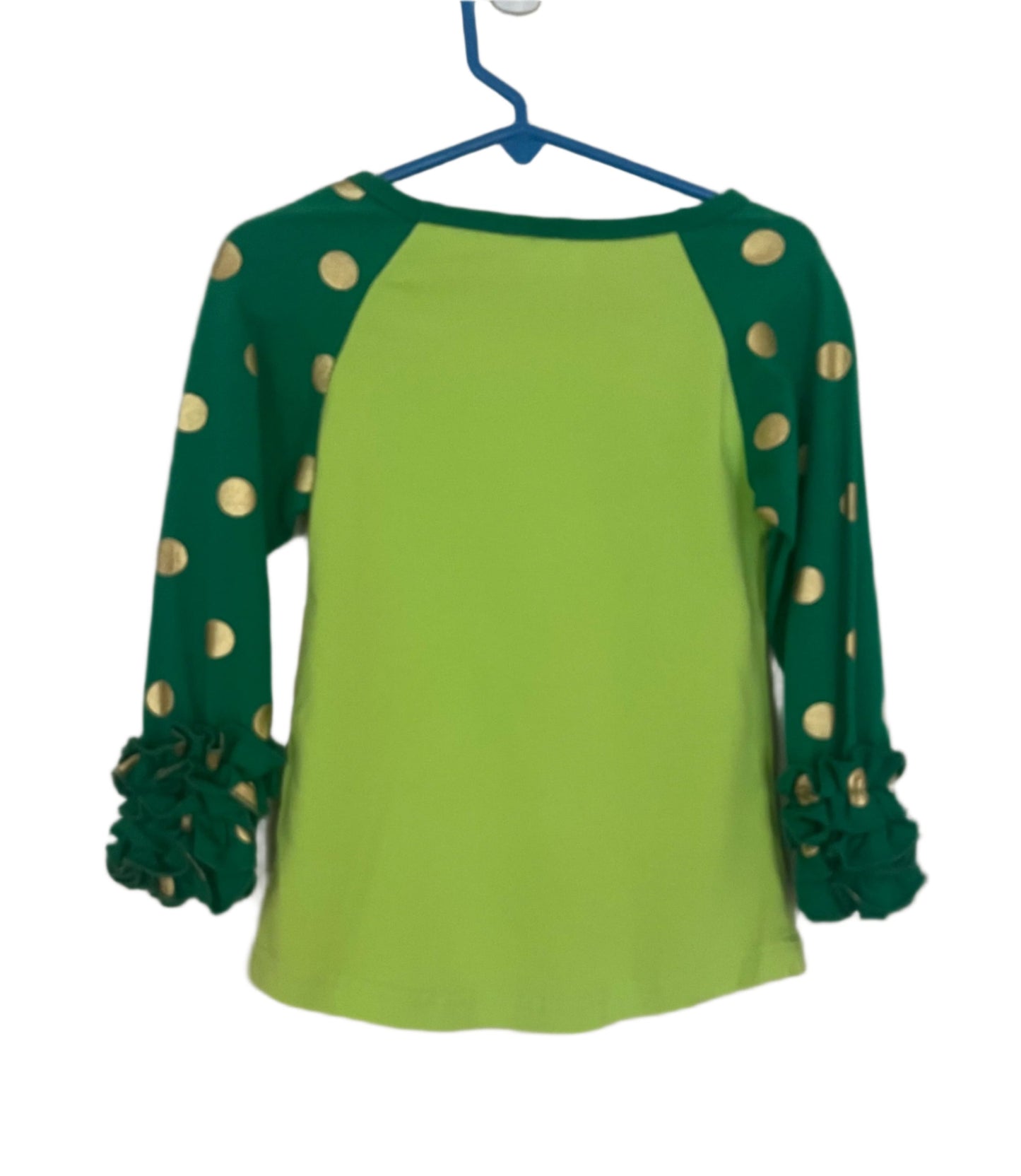Green & Gold Polka Dot Raglan Ruffle Shirt, girl's, holiday, Christmas, kids