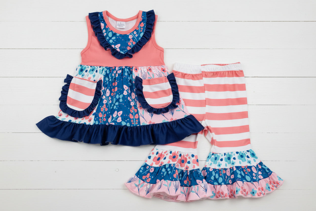 Boutique Blue & Coral Floral Ruffle Sleeveless Capri Outfit, girl / CLEARANCE
