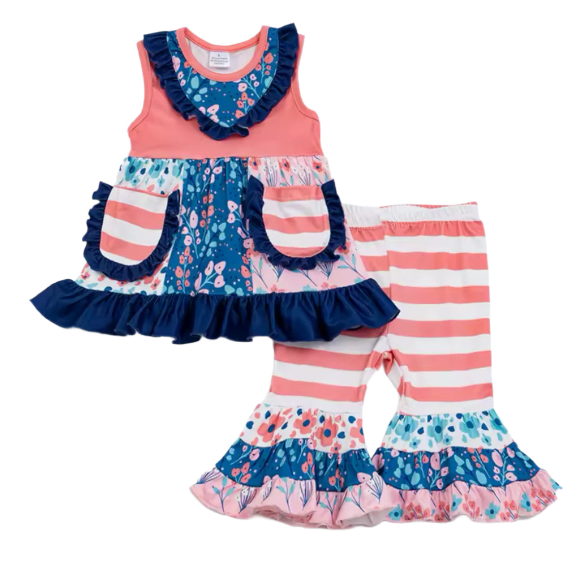 Boutique Blue Floral Ruffle Sleeveless Outfit, girl, kids