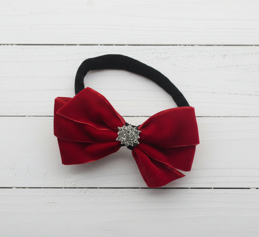 Dark Red Velvet Hair Bow on Nylon Headband, girl, holiday, stretch, rhinestone