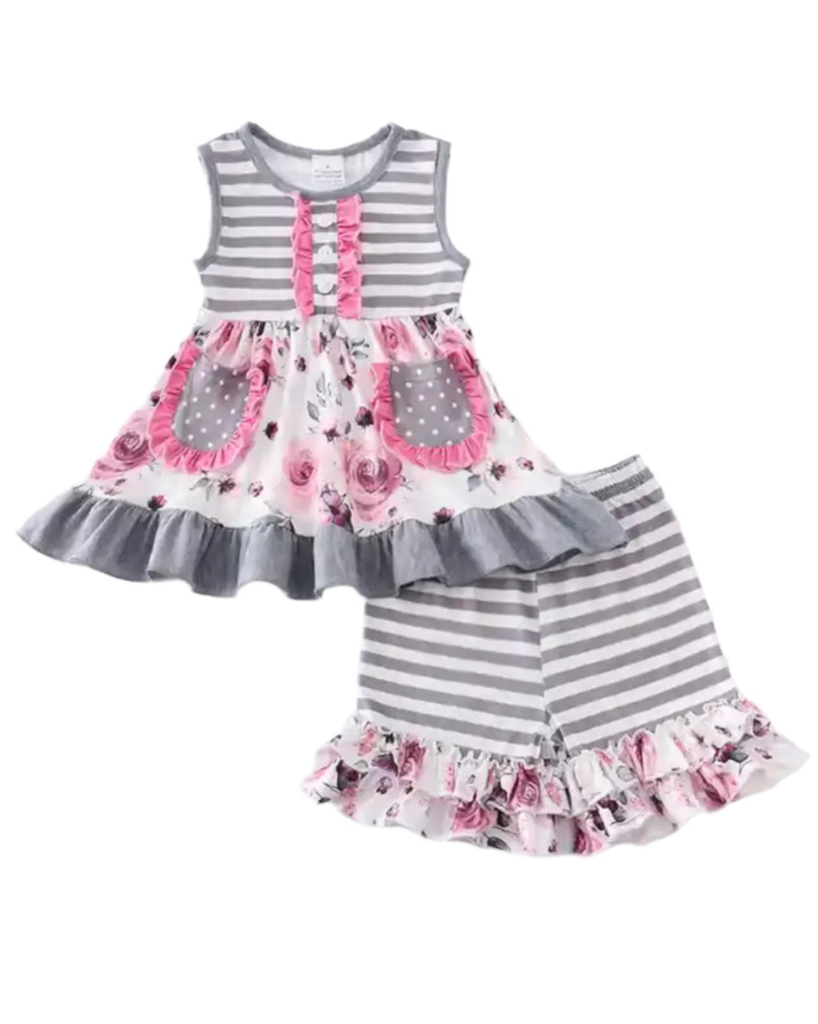 Gray & Pink Floral Ruffle Short Set, girl, kids, clothing, outfit