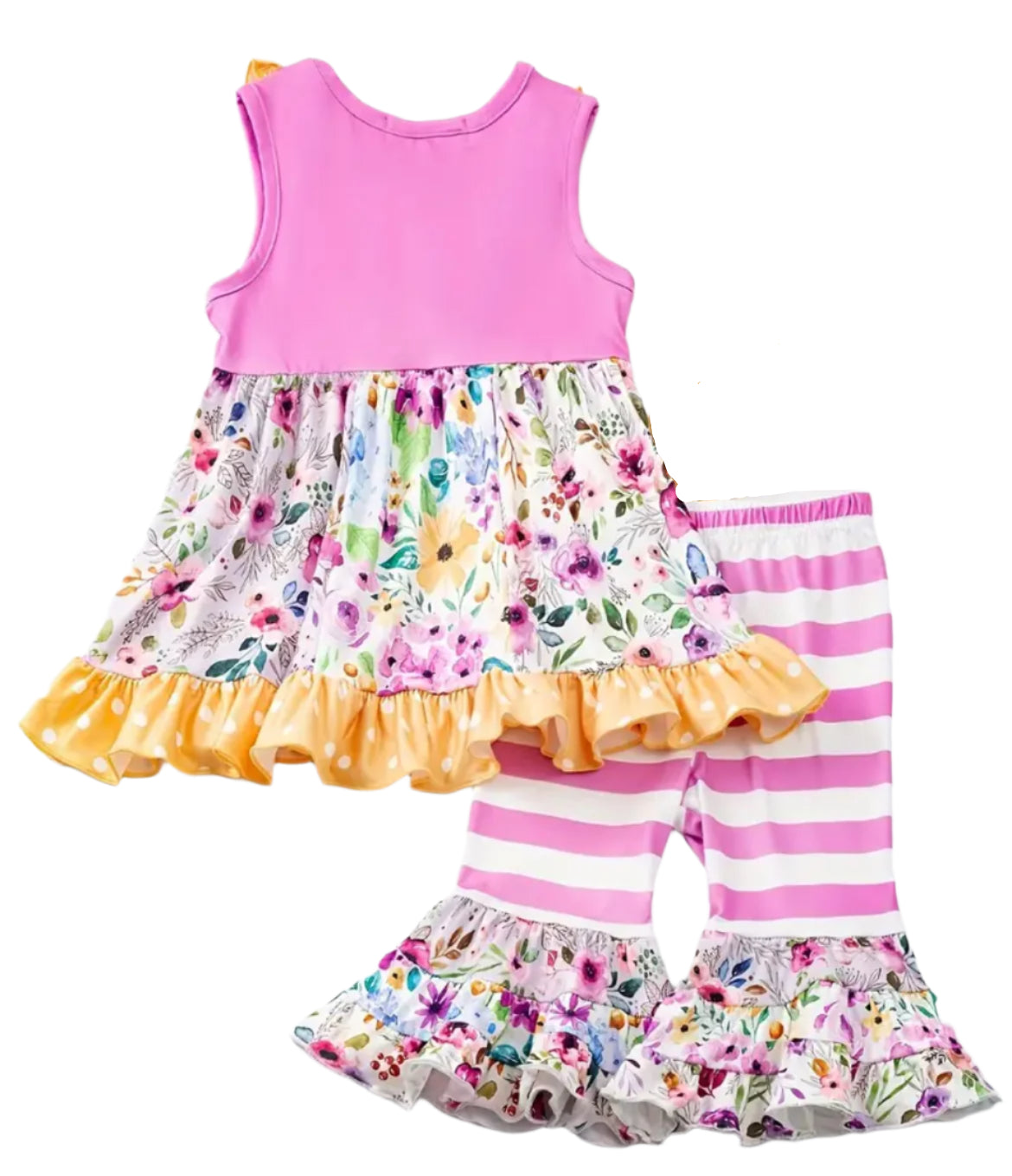 Pink & Yellow Ruffle Flower Outfit, girl's, stripes, Milk Silk, kids / SALE