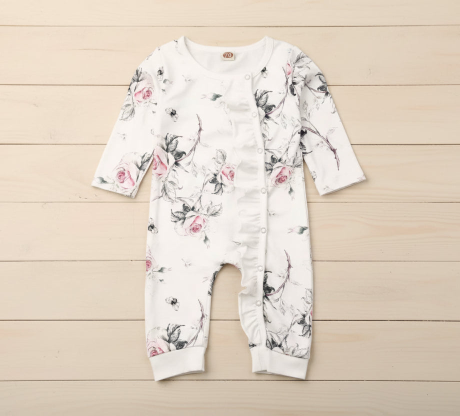 White Ruffle Romper w/Pink Roses, Baby, Infant, Milk Silk