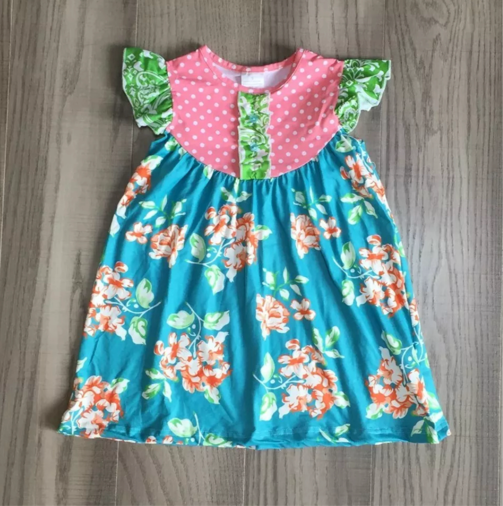 Turquoise Floral Twirl Dress, girl's, Milk Silk, Flutter Sleeve