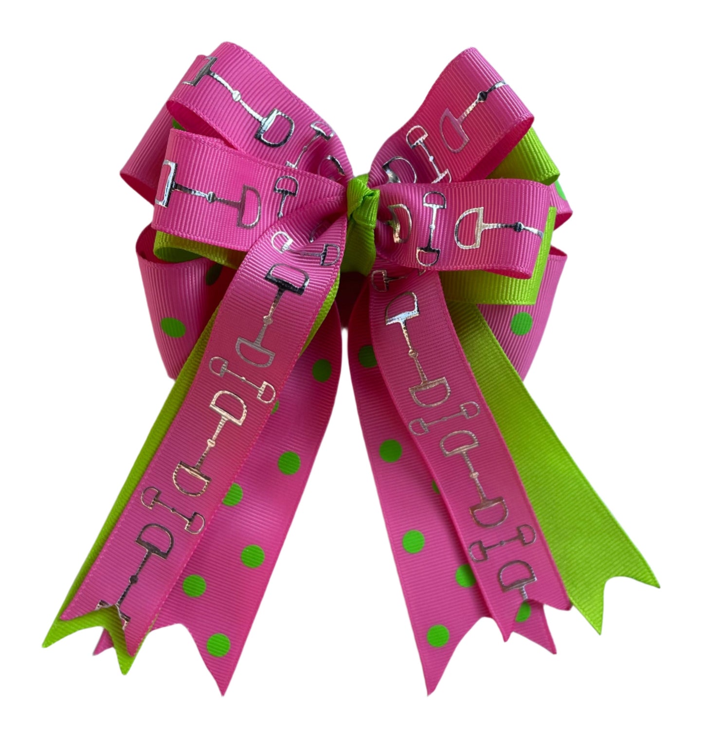 Equestrian Hair Bow, Tails, Horse Show, Bright Green, Pink Polka Dot
