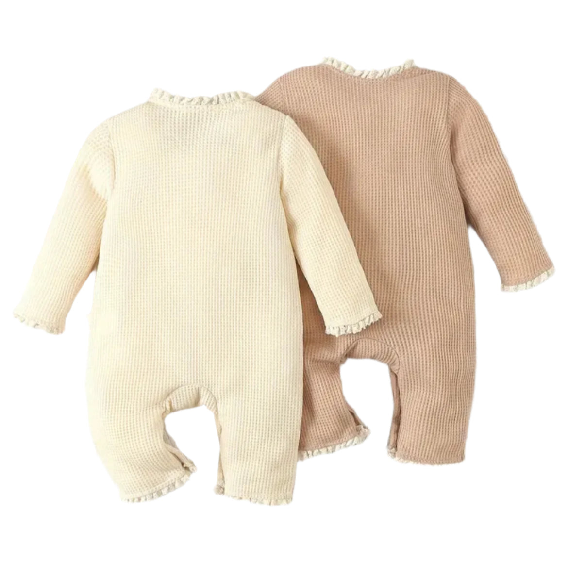 Cream or Tan Waffle Texture Romper with Lace Trim, baby, infant, clothing