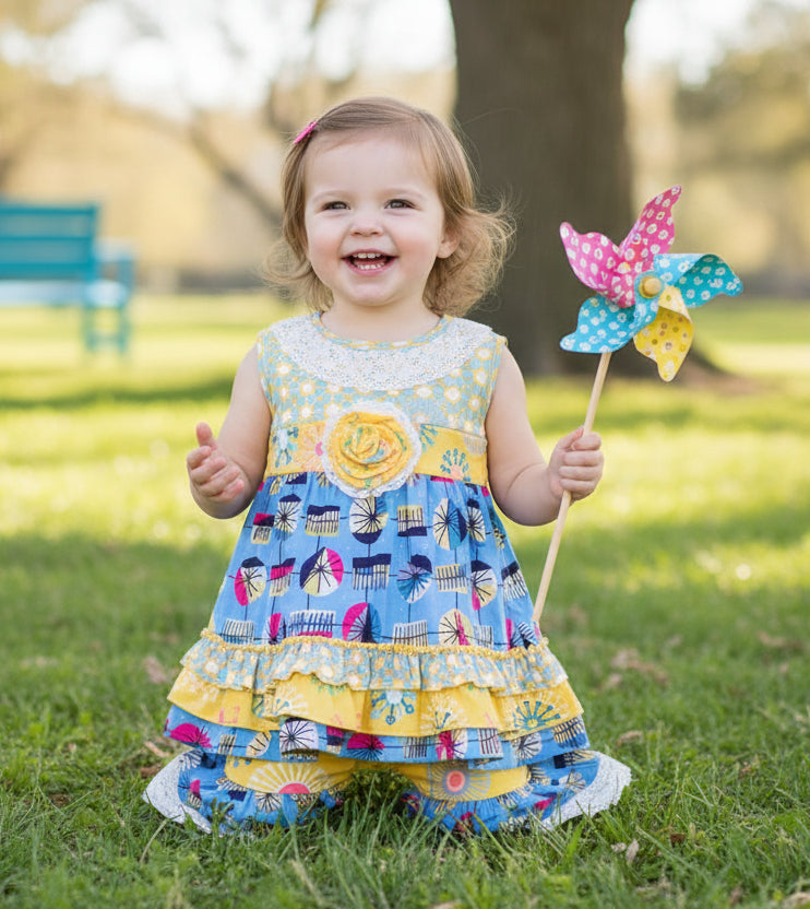 Boutique Blue & Yellow Ruffle Capri Set, girls, kids, Milk Silk