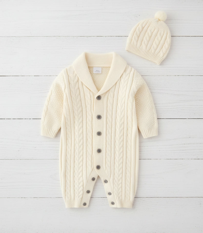 Cream Knit Unisex V-Neck Cable Romper w/Hat, Baby, Infant
