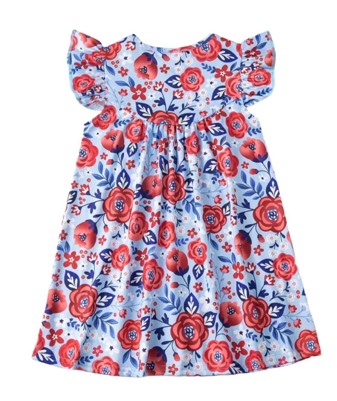 Blue & Red Floral Flutter Sleeve Dress, girl, kids, clothing