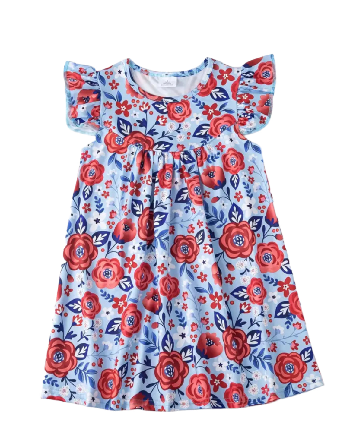 Blue & Red Floral Flutter Sleeve Dress, girl, kids, clothing