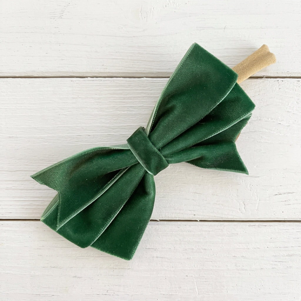Emerald Green Velvet Hair Bow on Headband, girl, holiday, stretch
