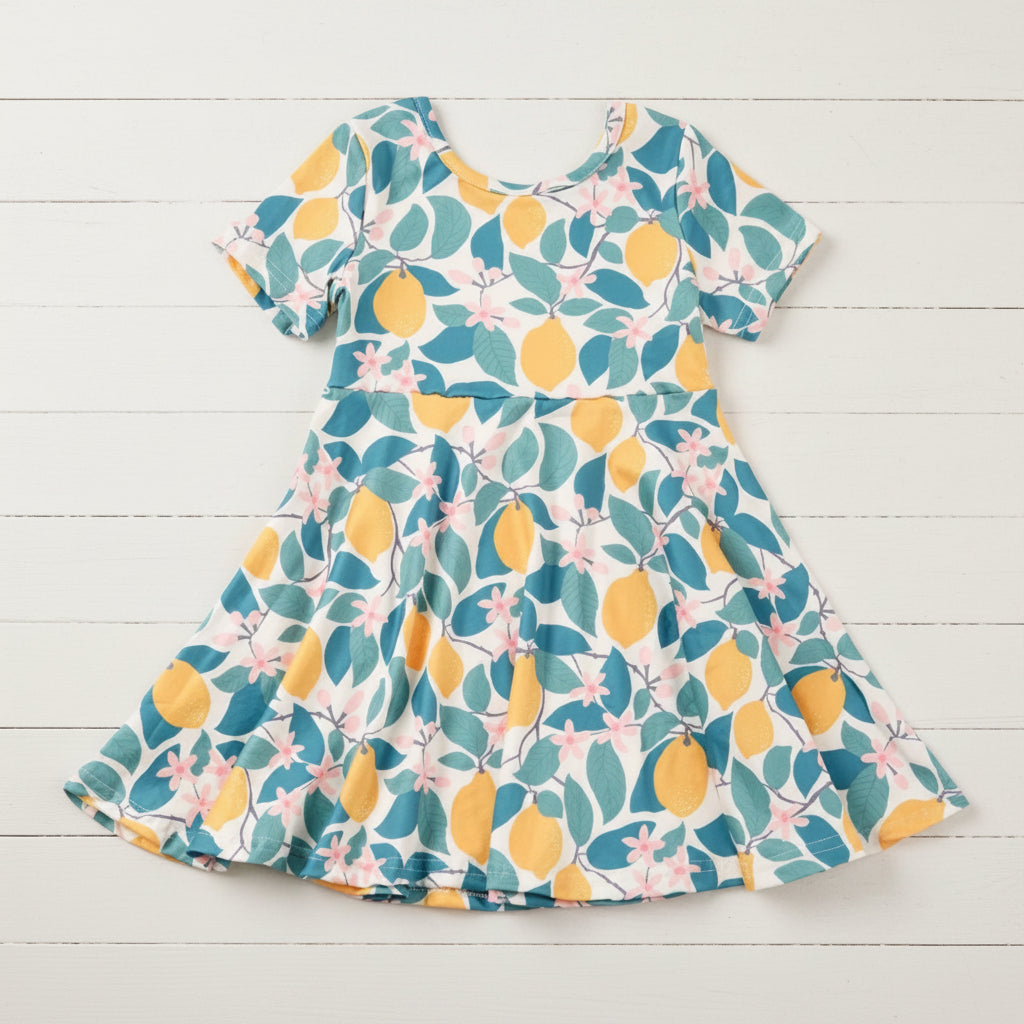 Lemon Squeeze Twirl Dress, girl, kids, Short Sleeve, Milk Silk, Spring