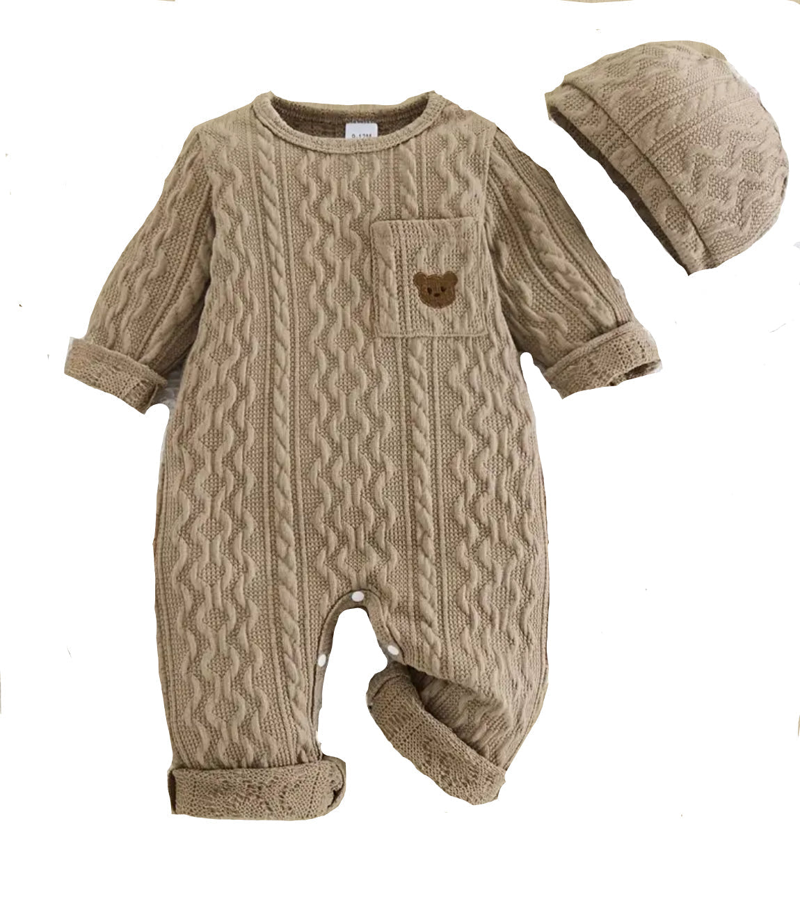 Knit Unisex Taupe Cable Romper w/Hat, Baby, Infant, gift